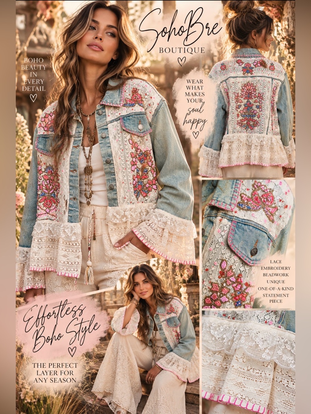 POL Boho Romance Embellished Denim & Lace Jacket | Statement Piece